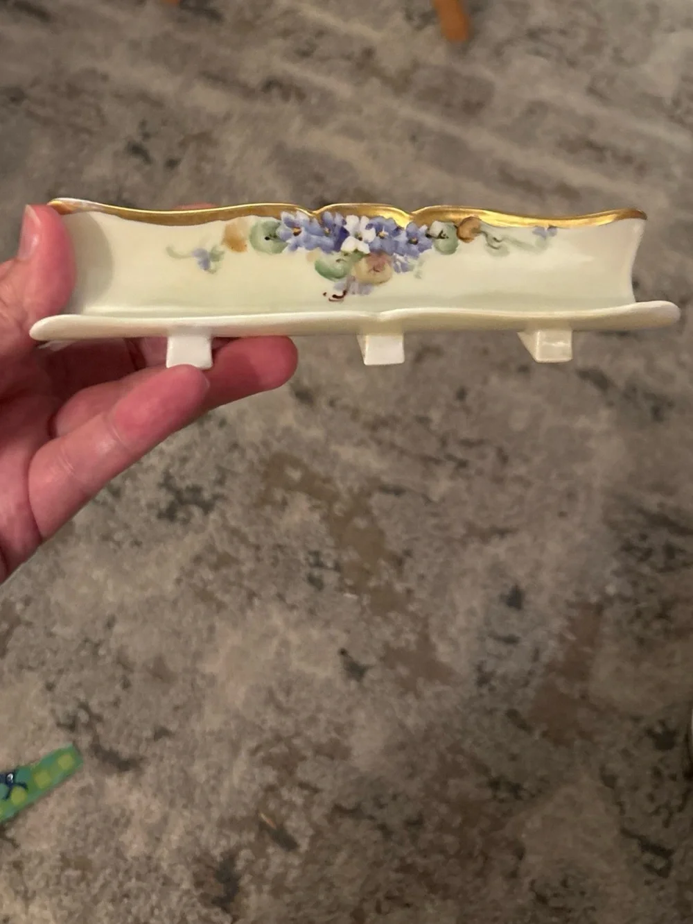 Vintage 1940s French Limoges Porcelain Tray with Delicate Blue Flowers and Gold